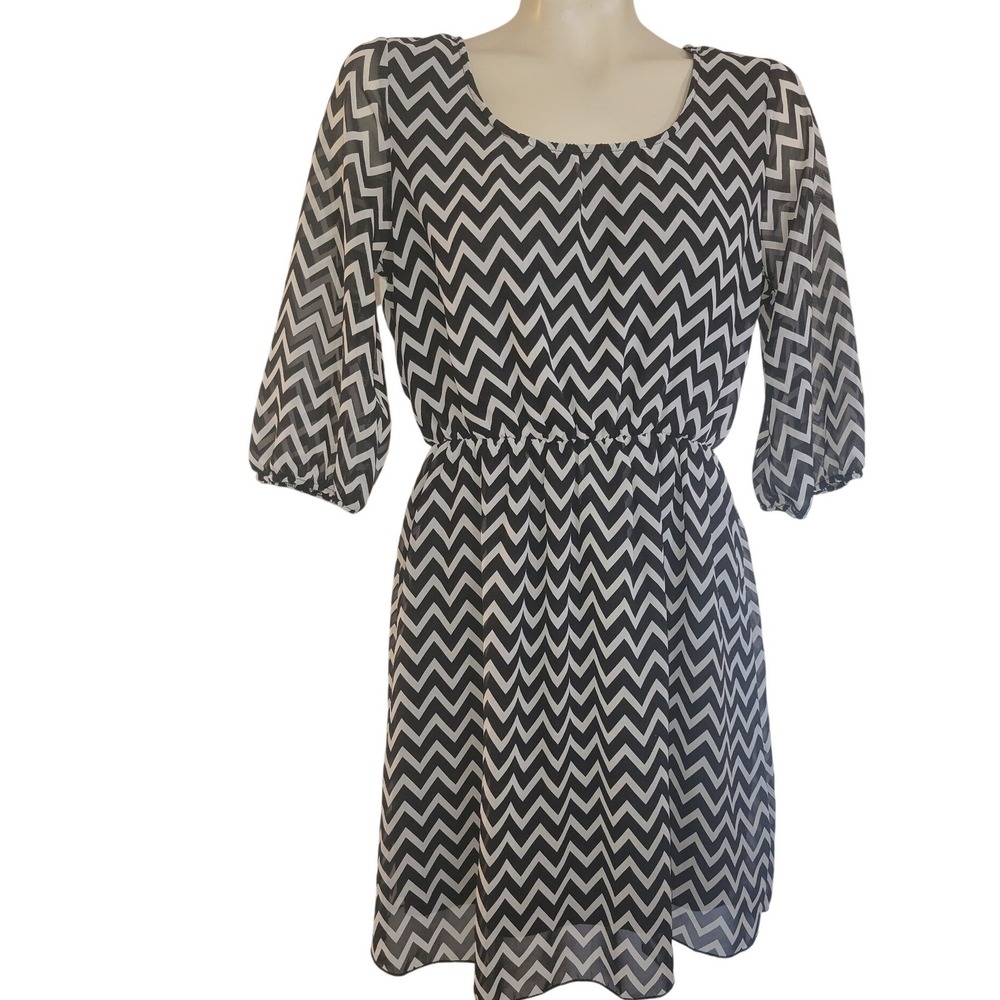 Espresso Womens Chevron Print Dress Black White 3/4 Sleeve Elastic Waist M